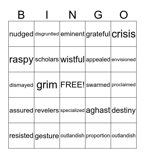 Vocabulary Theme #2 Bingo Card