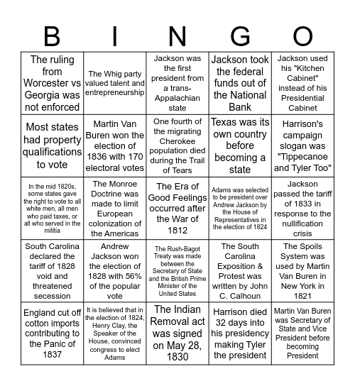Age of Jackson Bingo Card