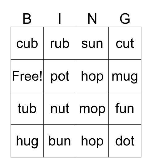 Come On Phonics Bingo Card