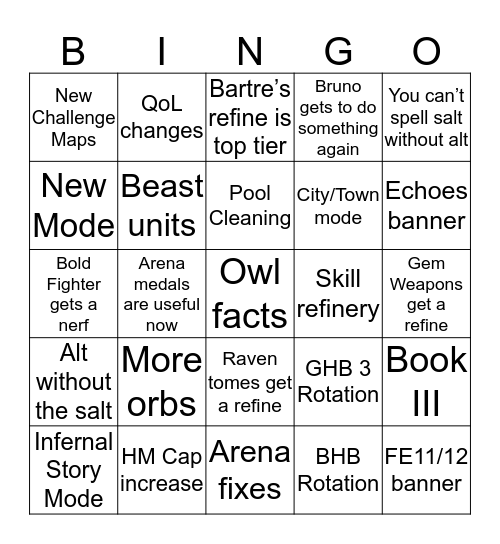 FEH Channel Bingo Card