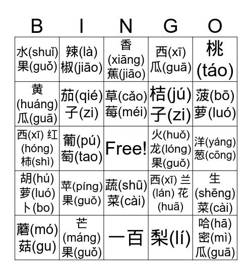 水果 蔬菜 Bingo Card