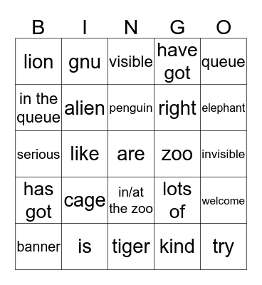 Vocabulary Bingo Card