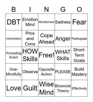 DBT Skills Bingo! Bingo Card