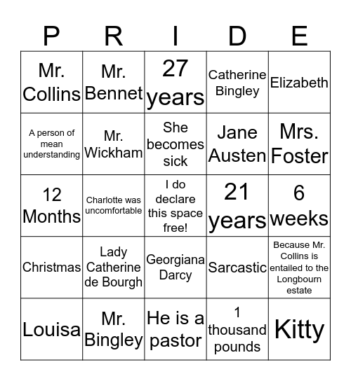 Pride and Prejudice Bingo Game Bingo Card