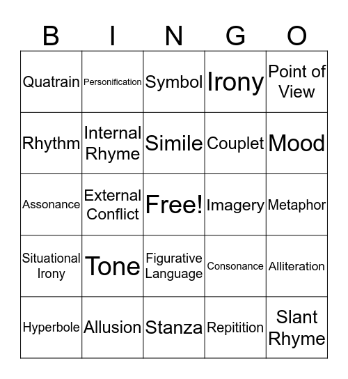 Poetry Bingo Card