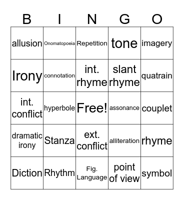 Poetry Bingo Card