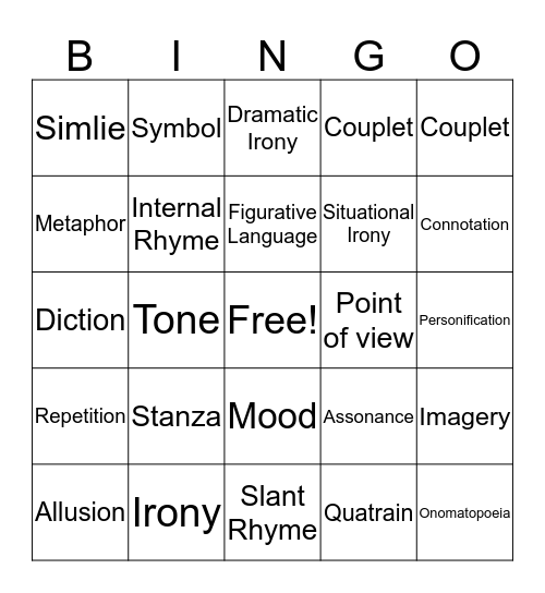 Poetry Bingo Card