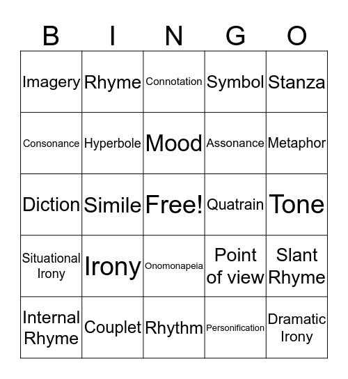 Poetry Bingo Card