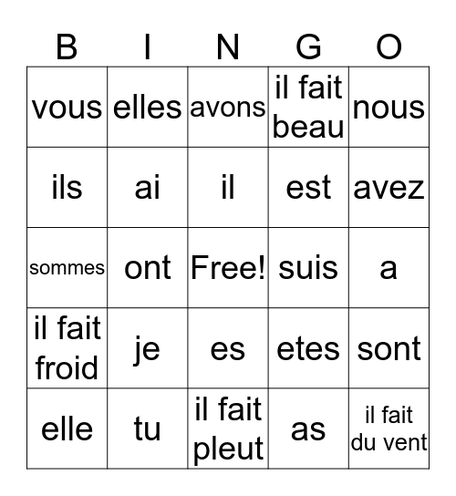 Verbs Bingo Card