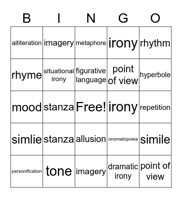 poetry bingo Card