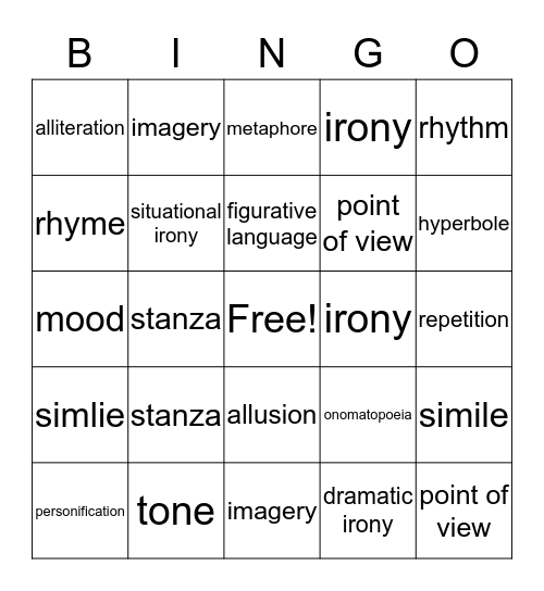 poetry bingo Card