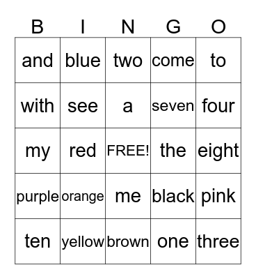 Sight Words Bingo Card