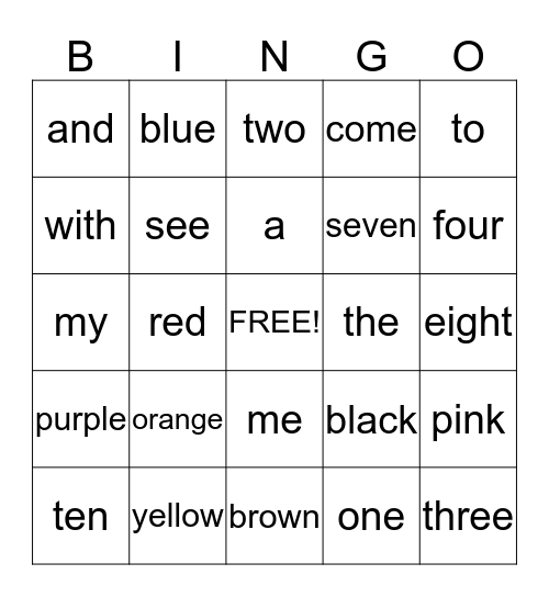 Sight Words Bingo Card