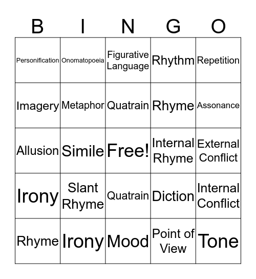 Poetry Bingo Card