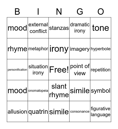 poetry bingo Card