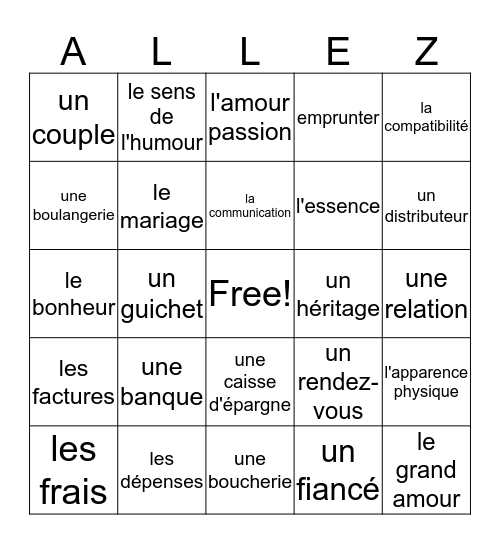 French III, L'amour et Les finances Bingo Card
