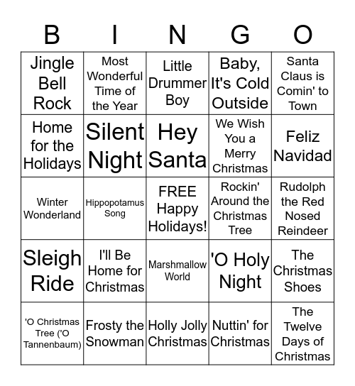 Holiday Bingo Songs  Bingo Card