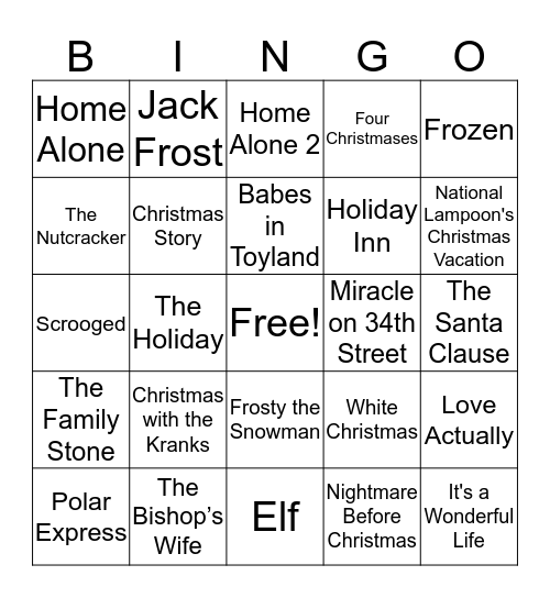 Midwest Holiday Movie Bingo Card