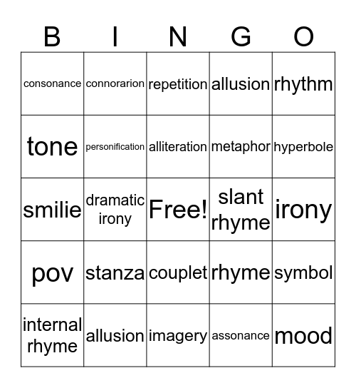 Poetry Bingo Card