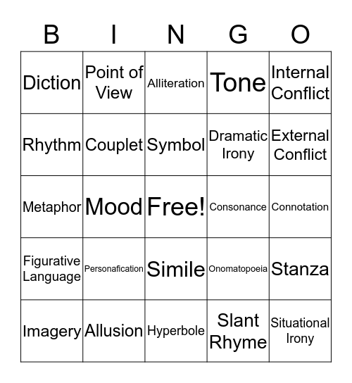 Poetry Bingo Card