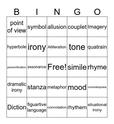 Poetry Bingo Card