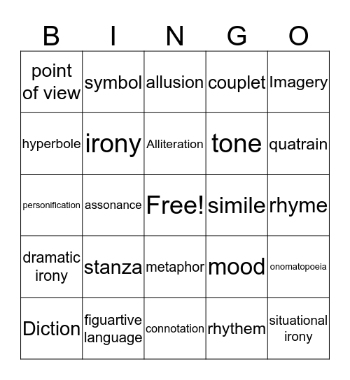 Poetry Bingo Card