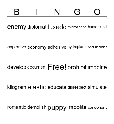 Vocabulary Bingo Card