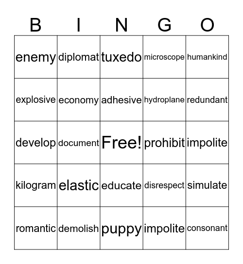 Vocabulary Bingo Card