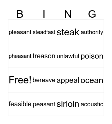 Vocabulary Bingo Card