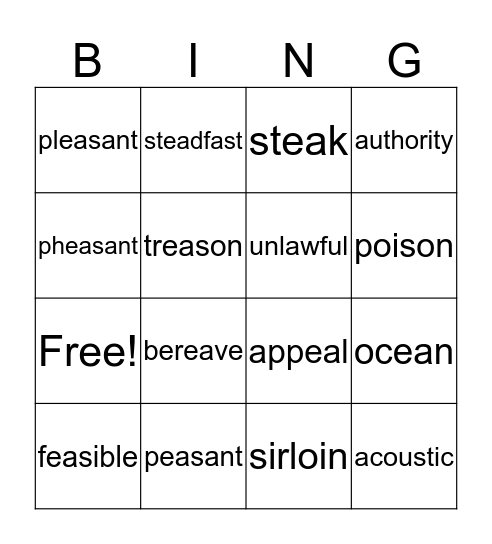 Vocabulary Bingo Card