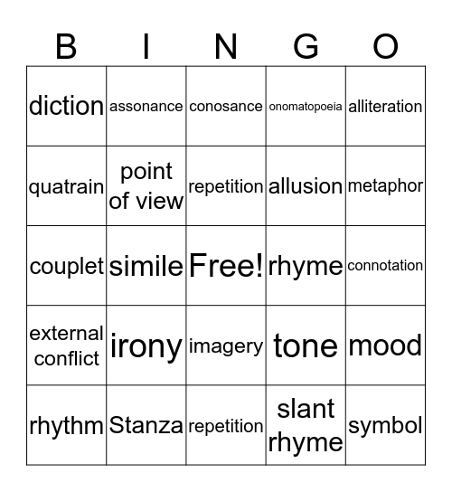 poetry bingo Card