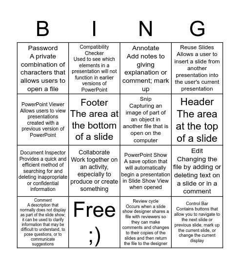 PowerPoint Module 5 Bingo Card