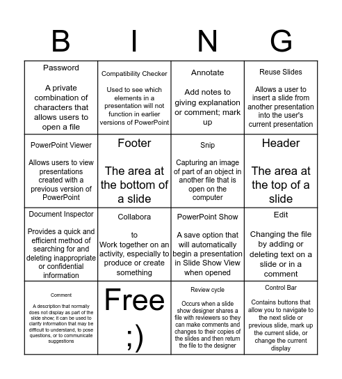 PowerPoint Module 5 Bingo Card