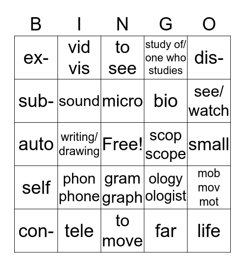 ROOTS/PREFIXES Bingo Card