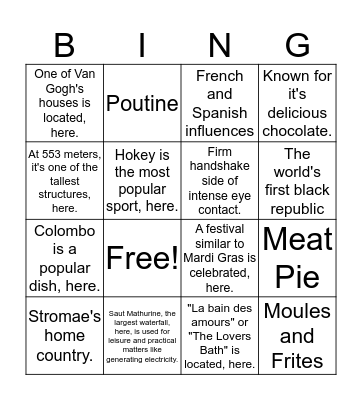 Le monde francophone Bingo Card