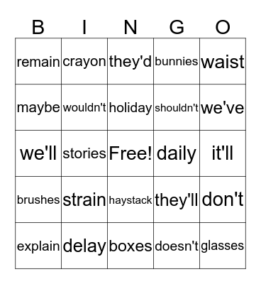 Spelling Word  Bingo Card