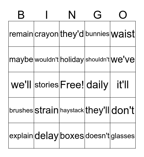 Spelling Word  Bingo Card