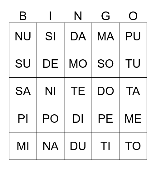 Las sílabas Bingo Card