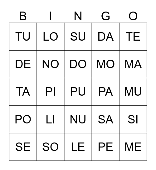 Las sílabas Bingo Card