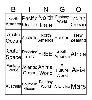 Continents, Oceans, Worlds Bingo Card