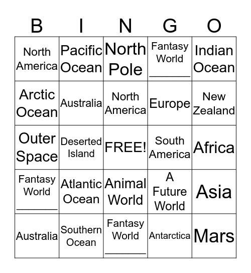 Continents, Oceans, Worlds Bingo Card