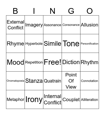 Poetry Bingo Card