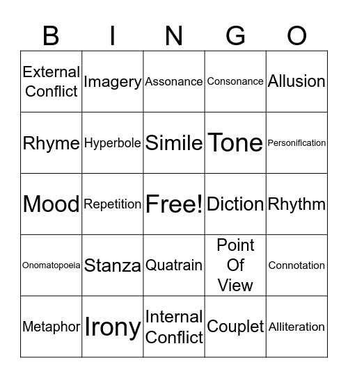 Poetry Bingo Card