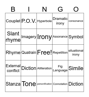 Poetry Bingo Card