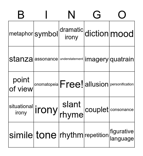 Poetry Bingo Card
