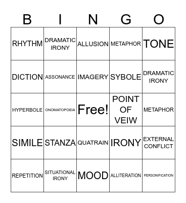 Poetry Bingo Card