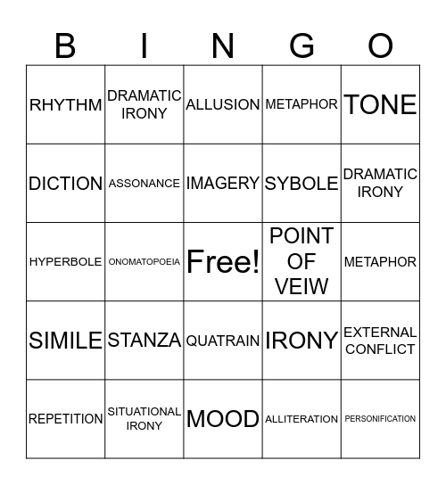 Poetry Bingo Card