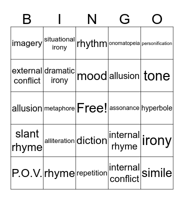 Poetry Bingo Card