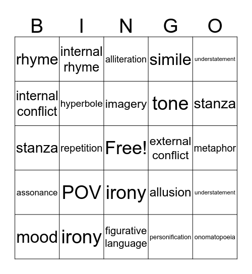 Poetry Bingo Card