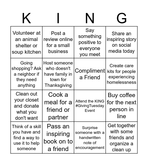 "Giving" November Challenge Bingo Card